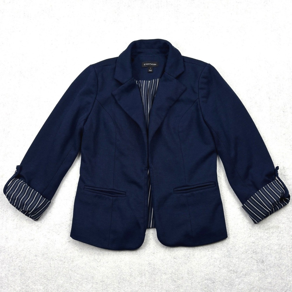 41 Hawthorn Knit Blazer Jacket Womens S Navy Open Front Pinstripe Cuff Stretch